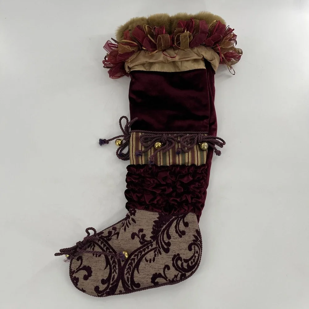 Victorian Luxury Christmas Stocking Fabric Brocade Velvet Faux Fur Ribbons Bells